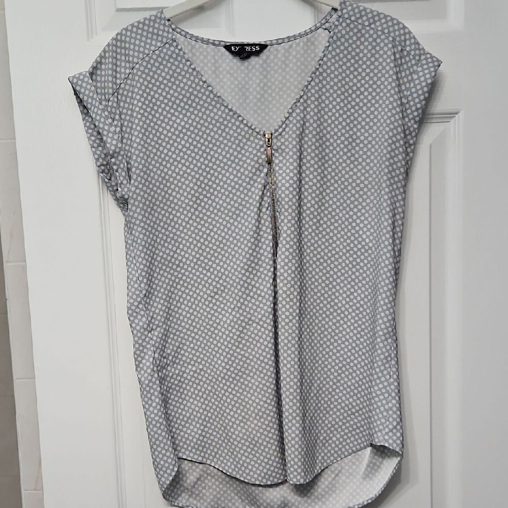 Express Gray Polka Dot Blouse with Zipper